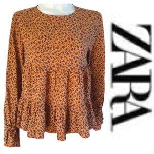 Zara Babydoll Blouse Floral Ruffle Cuff Sleeve Vintage Y2K Boho Brown Tan Medium